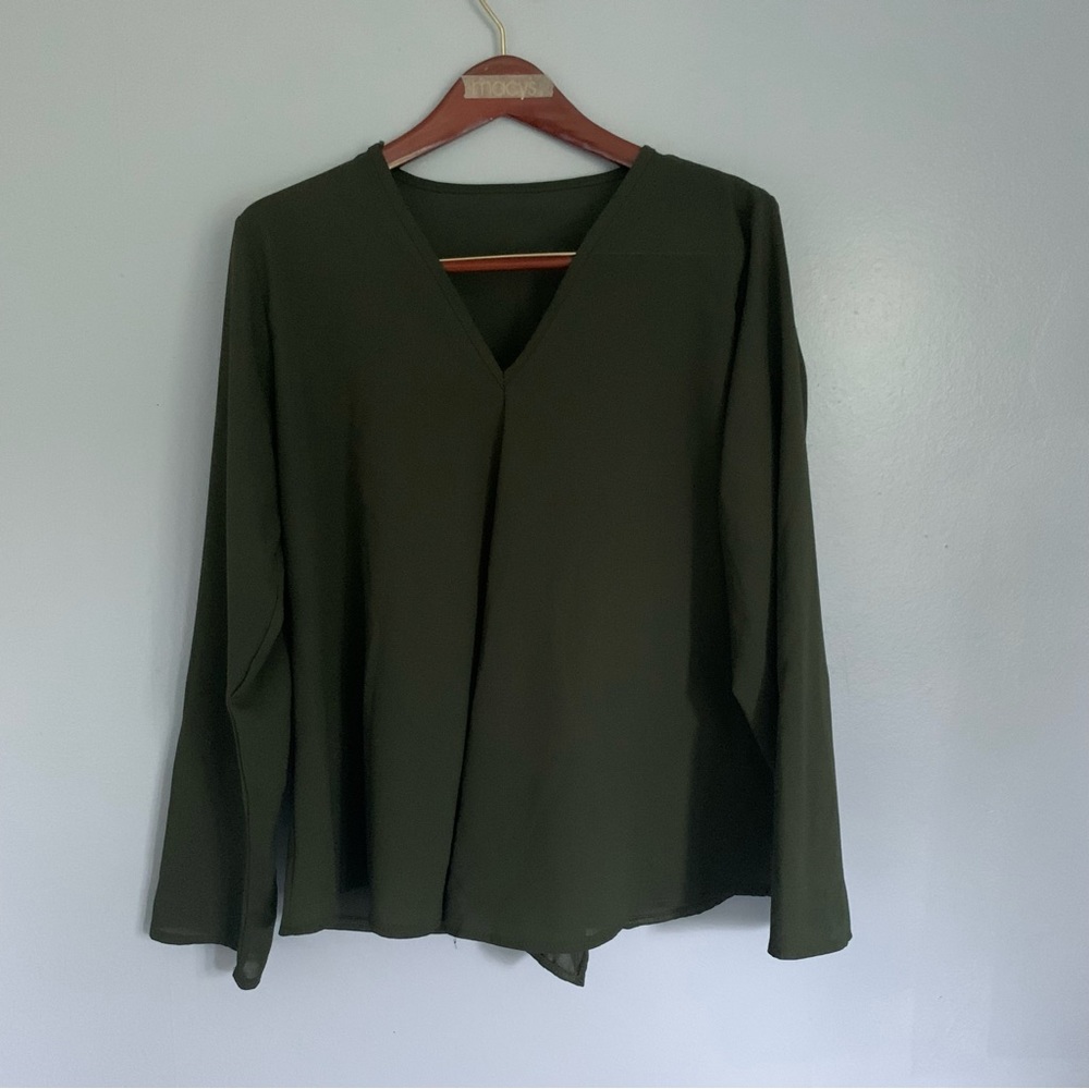🔴 Olive Army Green Dart Front Draped Curved Hem Blouse